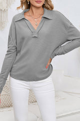 Brown V Neck Collared  Retro Waffle Long Sleeve Top