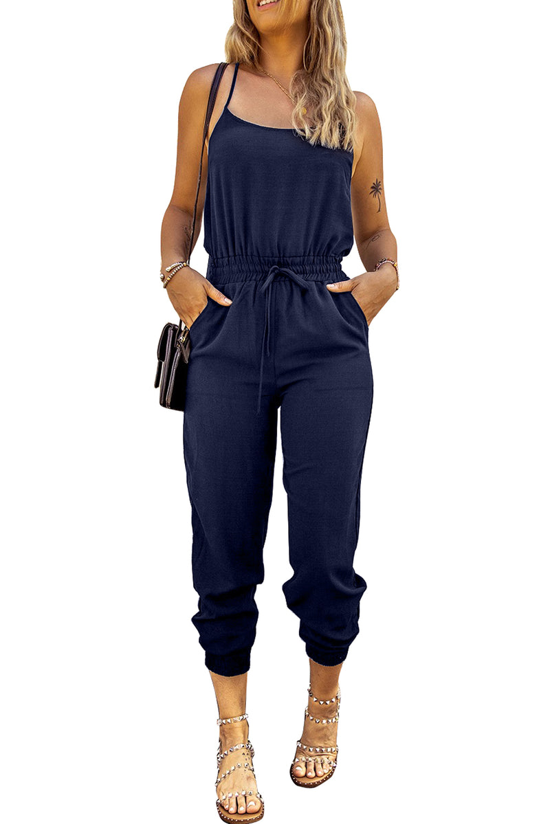 Dark Blue Pockets Drawstring Waist Spaghetti Strap Jumpsuit