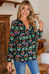 Black Halloween Flower Skull Babydoll Blouse