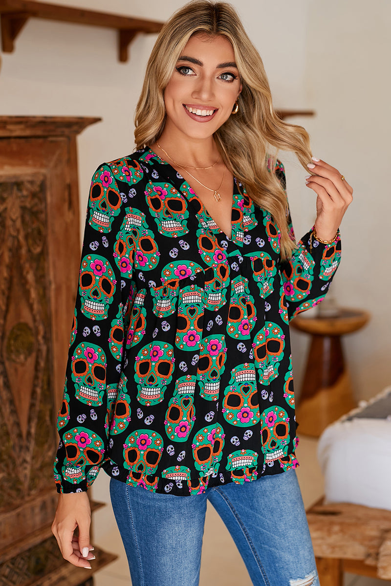 Black Halloween Flower Skull Babydoll Blouse