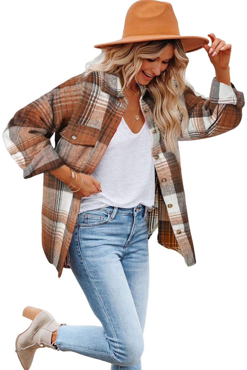 Gold Flame & Grey Plaid Button Up Collared Flannel Shacket