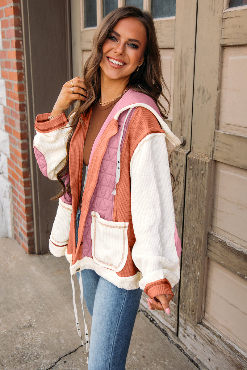 Coral Quilted Textured Patchwork Hooded Jacket