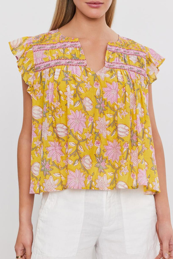 Yellow Floral Ruffle Shoulder V Neck Flowy Blouse