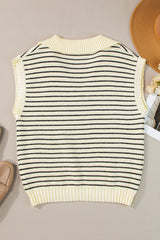 Beige Stripe Turn-down Collar Sleeveless Knitted Top