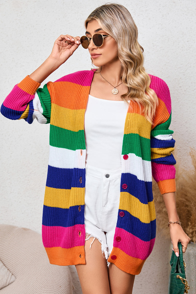 Multicolor Striped Print Button Front Knitted Long Cardigan