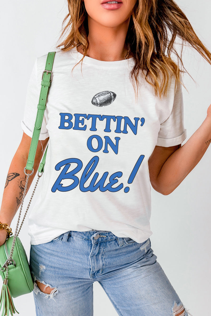 White Rugby Football BETTIN ON Blue Crewneck Graphic T Shirt