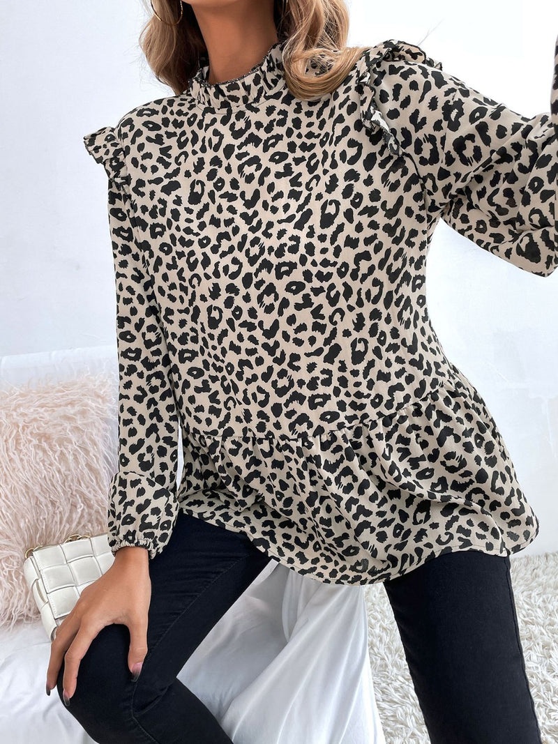 Ruffled Leopard Mock Neck Long Sleeve Blouse