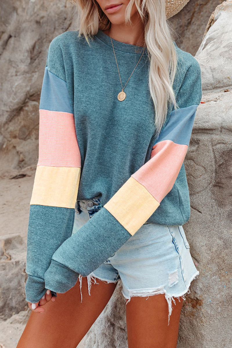 Rosy Color Block Casual Drop Sleeve Sweatshirt