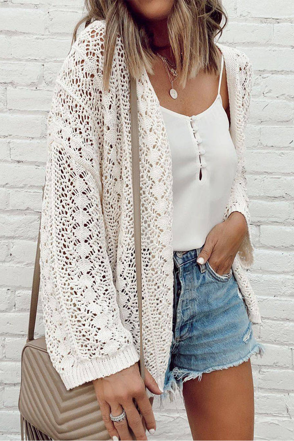 White Hollow Out Crochet Knit Drop Shoulder Open Front Cardigan