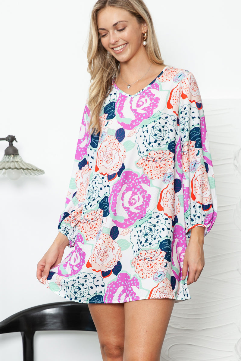 Multicolor Floral Print V Neck Bohemian Tunic Dress