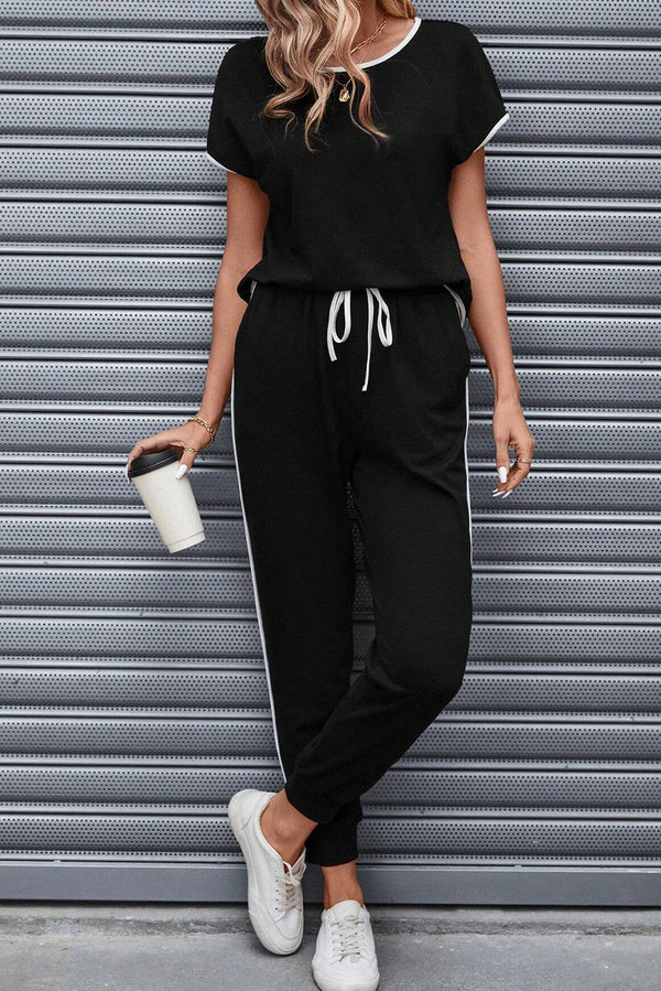 Black Contrast Trim Top & Drawstring Pants Set