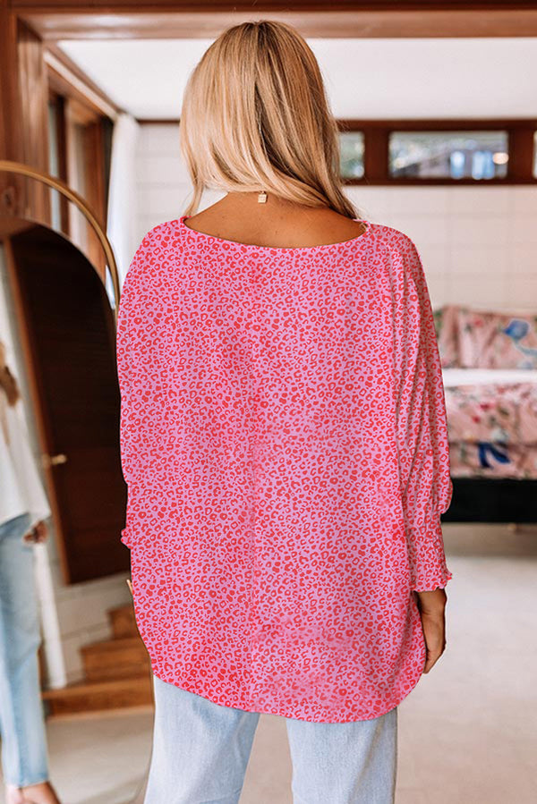 Pink Leopard Puff Sleeve Shirred Cuffs Oversized Blouse