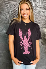 Black Checkered Crayfish Graphic Crew Neck T Shirt