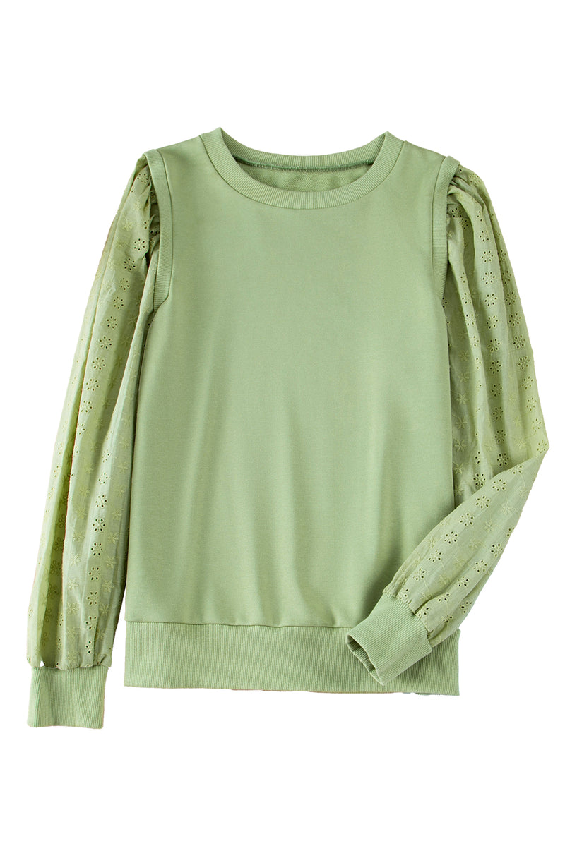 Mist Green Eyelet Embroidered Sleeve Patchwork Ribbed Sweatshirt