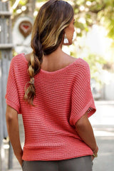 Pink Plain Knit Loose Batwing Sleeve Blouse