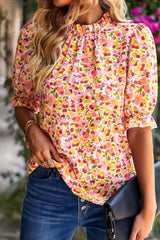 Orange Floral Boho Frill Mock Neck Blouse