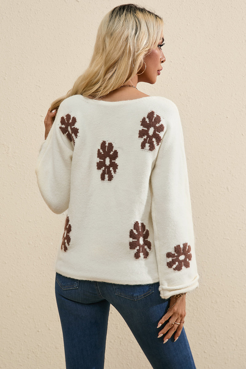 White Colorblock Floral Pattern Crewneck Sweater