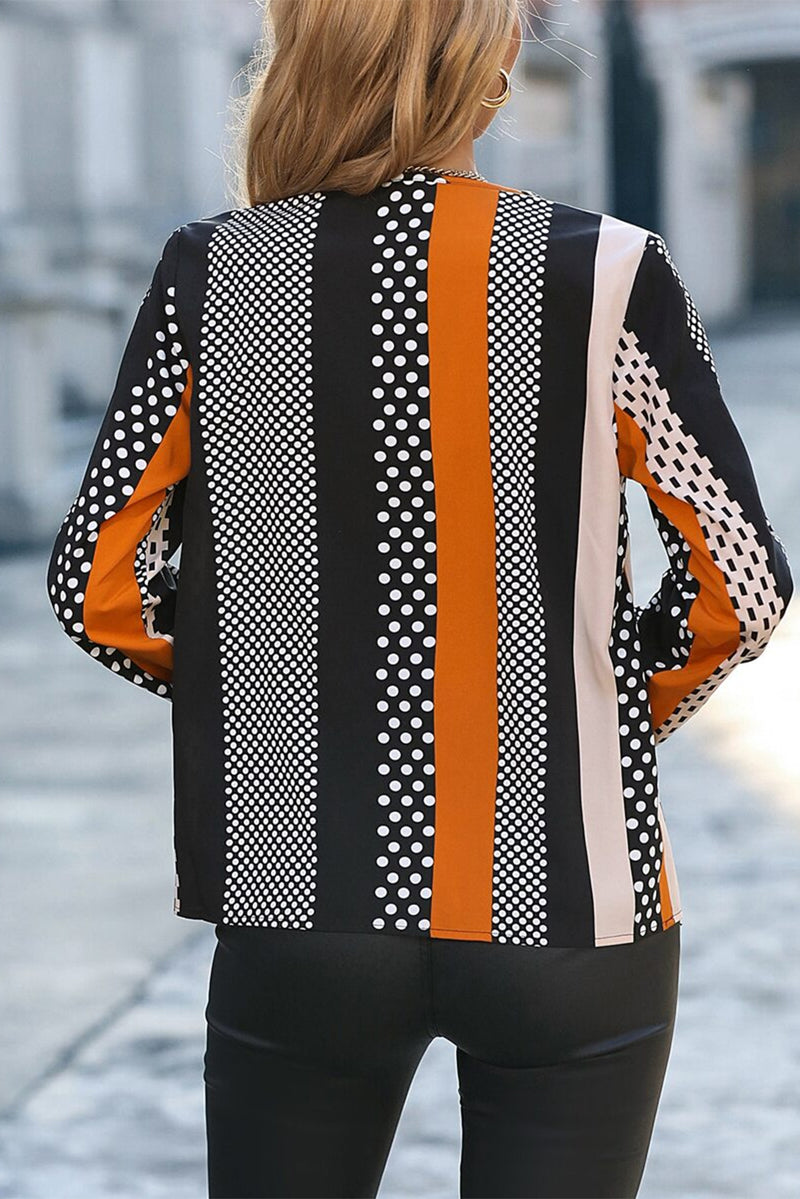 Orange Polka Dot Print Colorblock Notched Neck Top