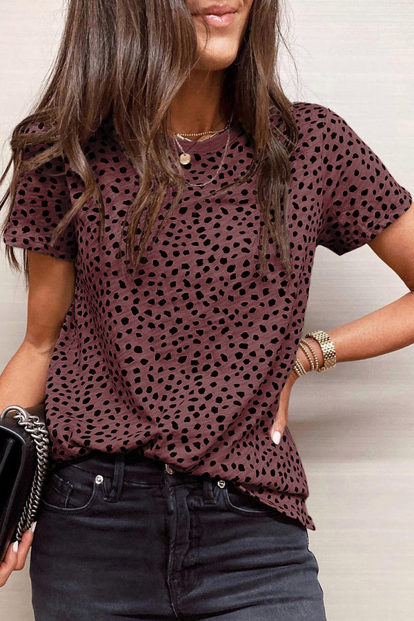 Red Cheetah Print Casual Short Sleeve Crew Neck T Shirt