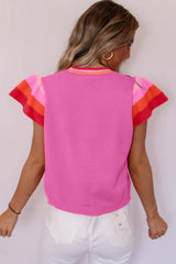 Bright Pink Contrast Sleeve Striped Round Neck Knitted Tee