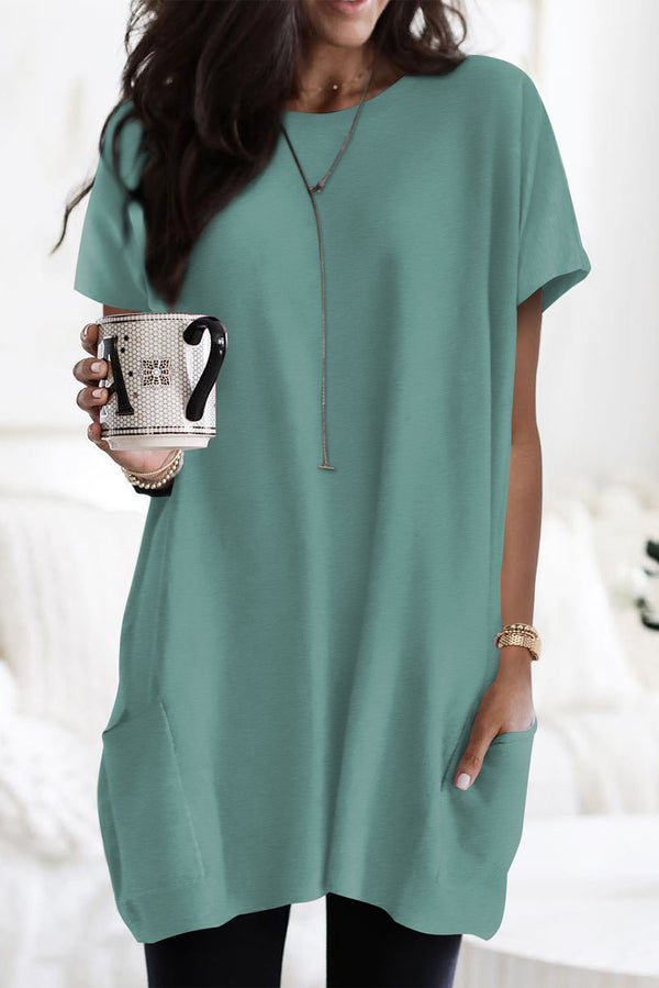 Green Plain Pocket Loose Tunic Long T-Shirt