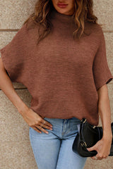 Coffee Mock Neck Short Batwing Sleeve Sweater