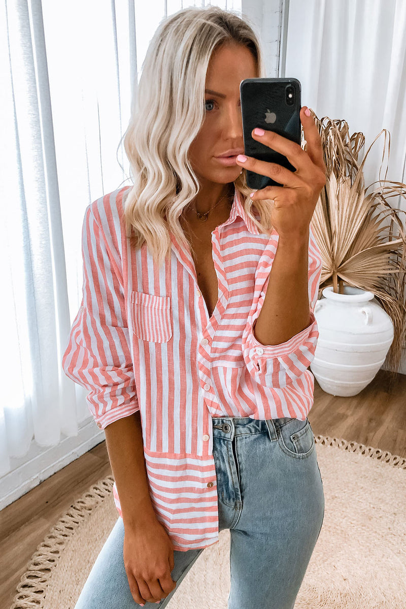 Pink Stripe Buttoned Oversized Long Sleeve Shirt