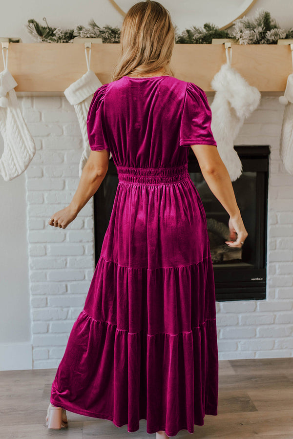 Red Dahlia Velvet Short Sleeve Shirred Waist Tiered Maxi Dress