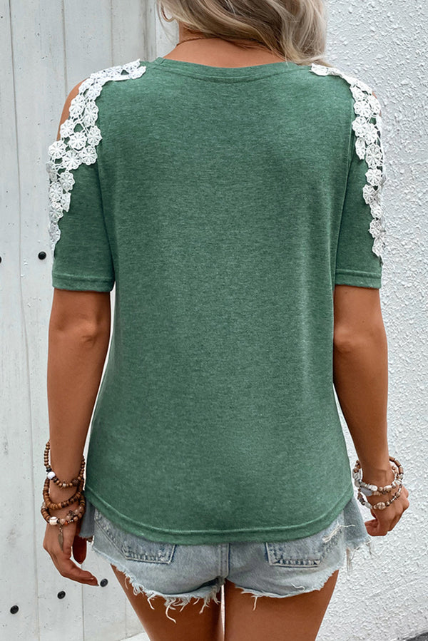 Green Lace Applique Cold Shoulder Ruched T-shirt