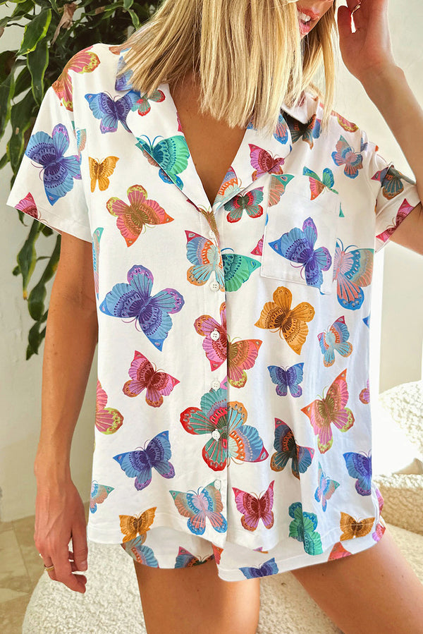 Multicolour Butterfly Print Button-up Shirt & Shorts Pajama Set