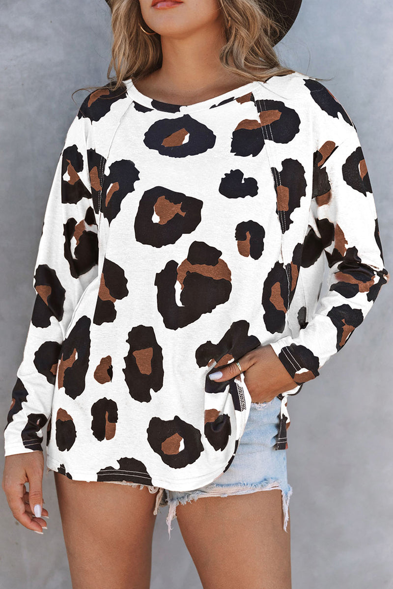 White Leopard Print Casual Loose Long Sleeve Top