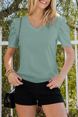 Green Solid Puff Sleeve Casual V Neck T-Shirt