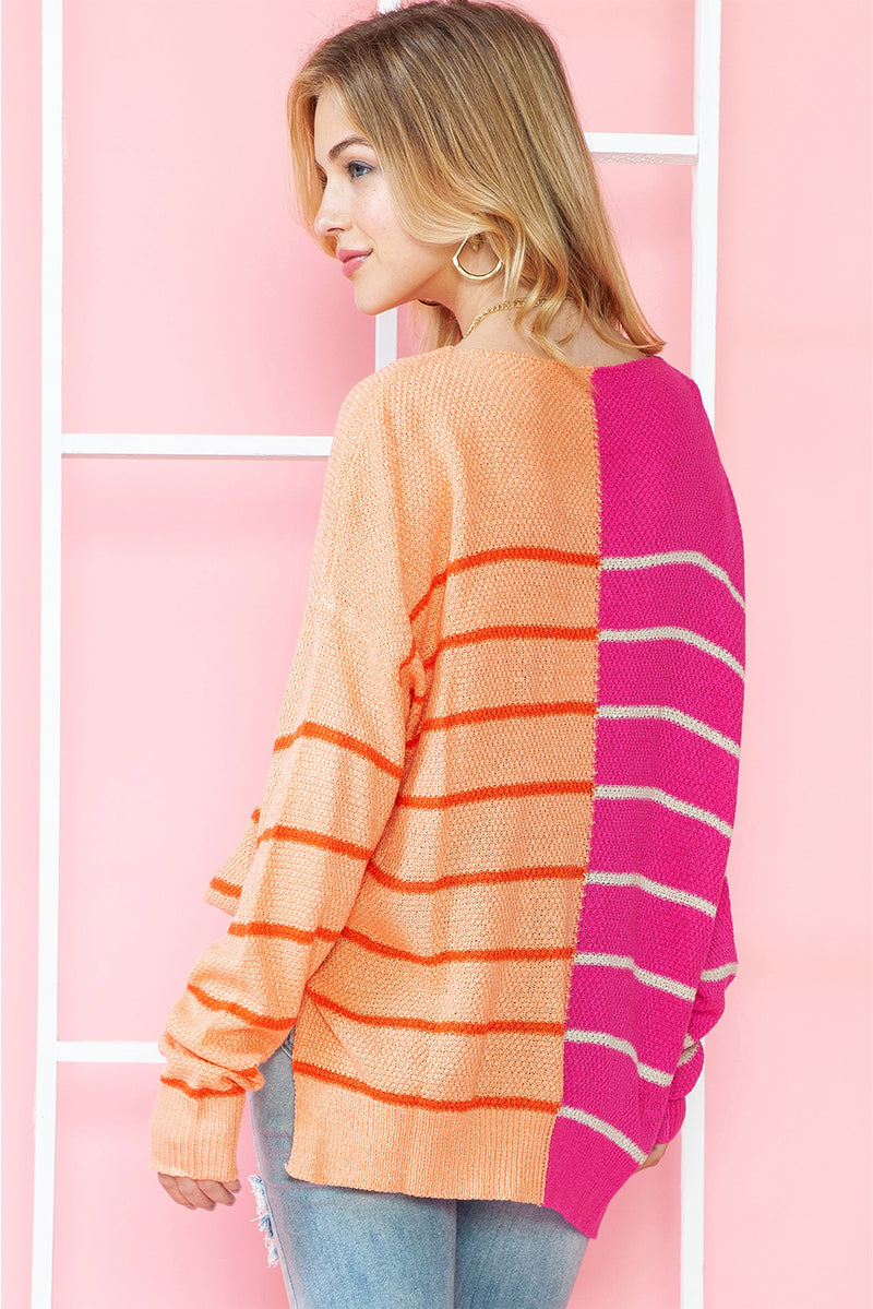 Multicolor Striped Color Block Loose Fit Knit Sweater