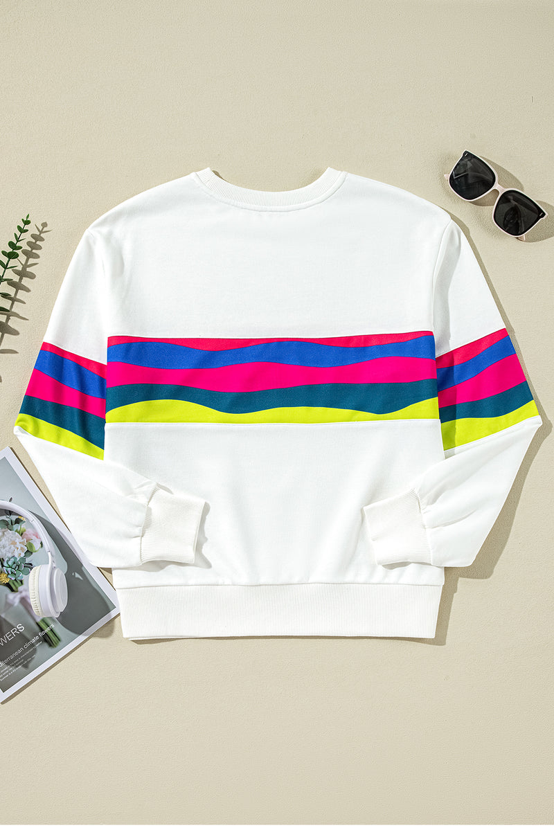 White Colorful Striped Round Neck Long Sleeve Top