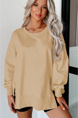 Side Slit Round Neck Long Sleeve Sweatshirt