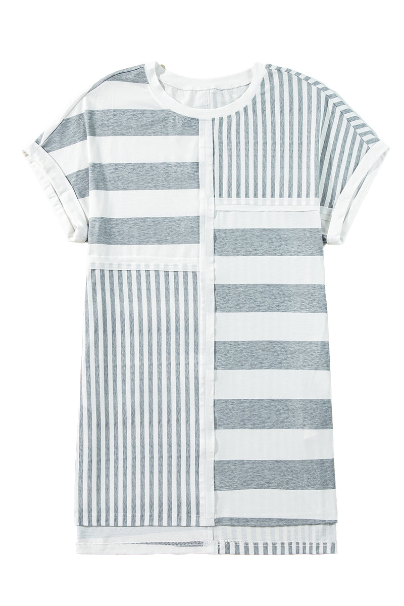 Gray Stripe Mixed Printed Short Sleeve Shift Mini T Shirt Dress