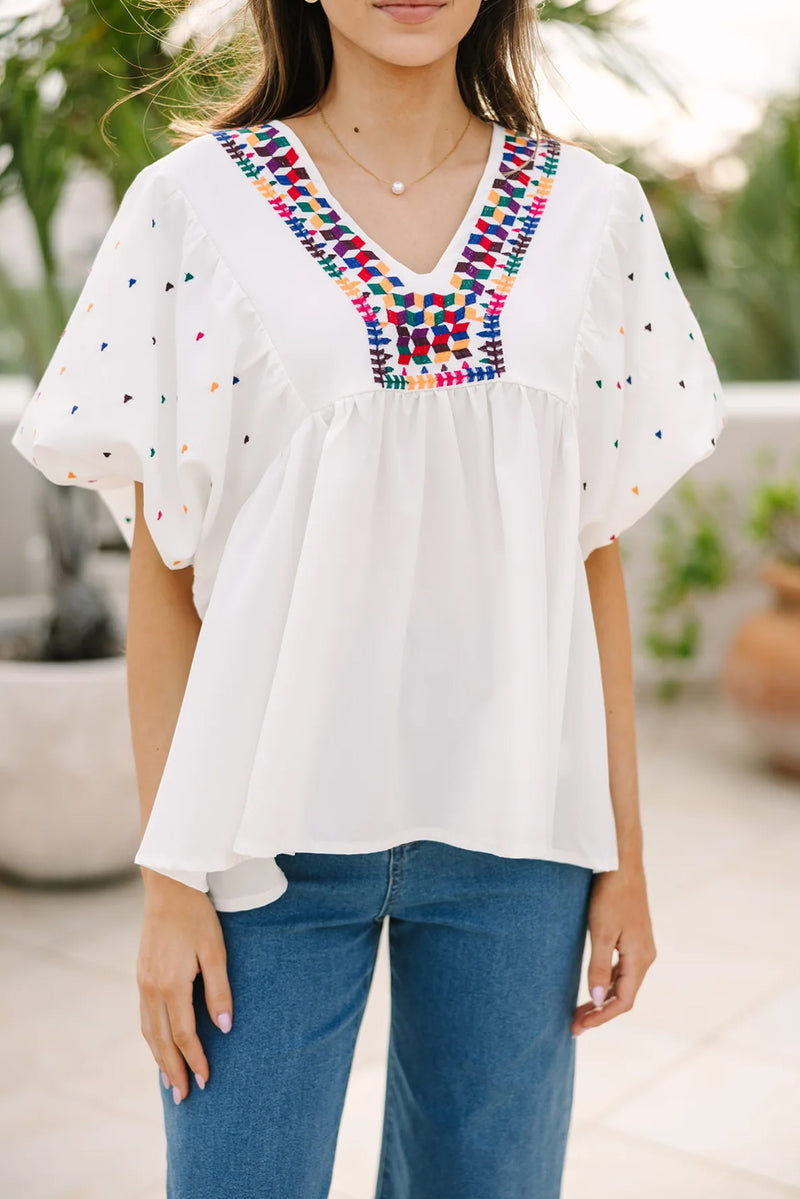 White Colorful Geometric Print V Neck Babydoll Blouse