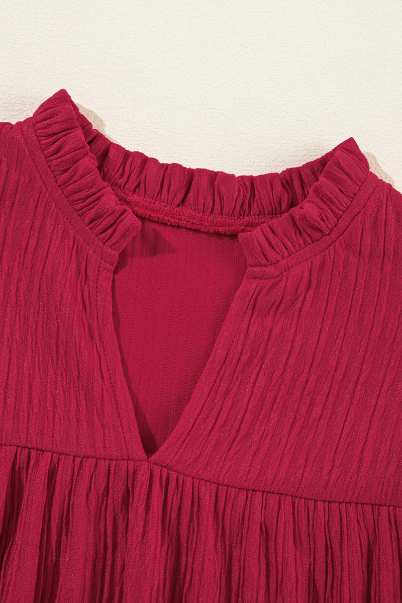 Fiery Red Frill Trim V Neck Loose Fit Ribbed Mini Dress