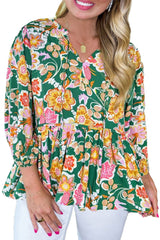 Green Floral Print V Neck Plus Size Babydoll Top