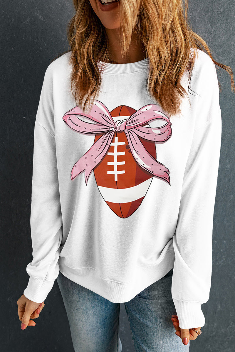 Beige Casual Game Day Bow Print Graphic Sweatshirt