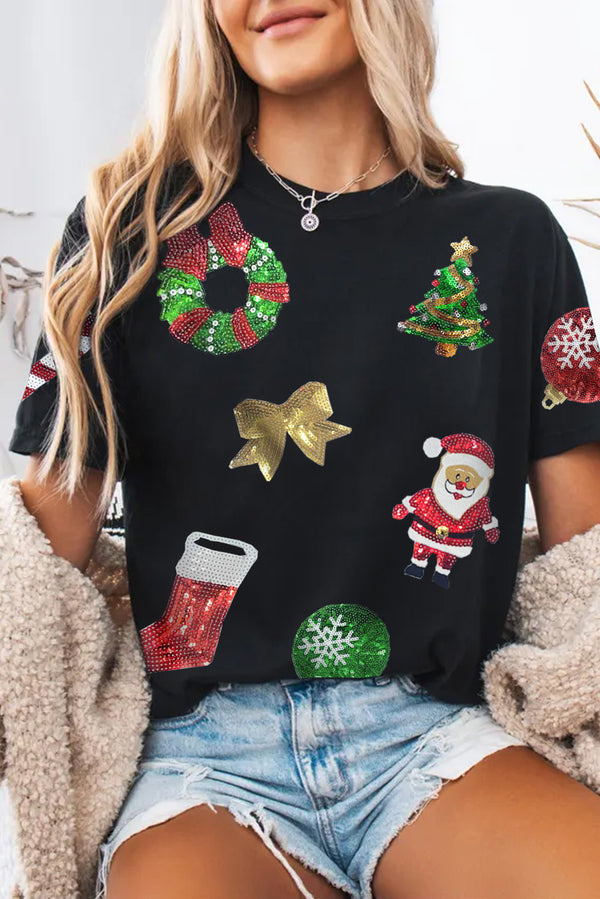 Black Sequin Christmas Graphic Crewneck T Shirt