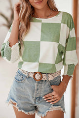 Grass Green Checkered Ruffle Smocked Cuffs Tee