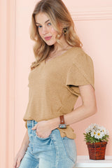 Mist Green Tulip Sleeve Waffle Knit V Neck T-Shirt