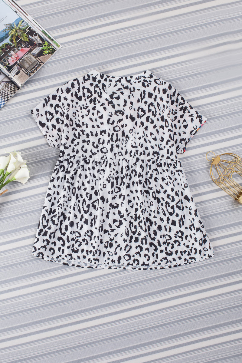 Leopard & Floral Embroidered V Neck Short Sleeve Blouse