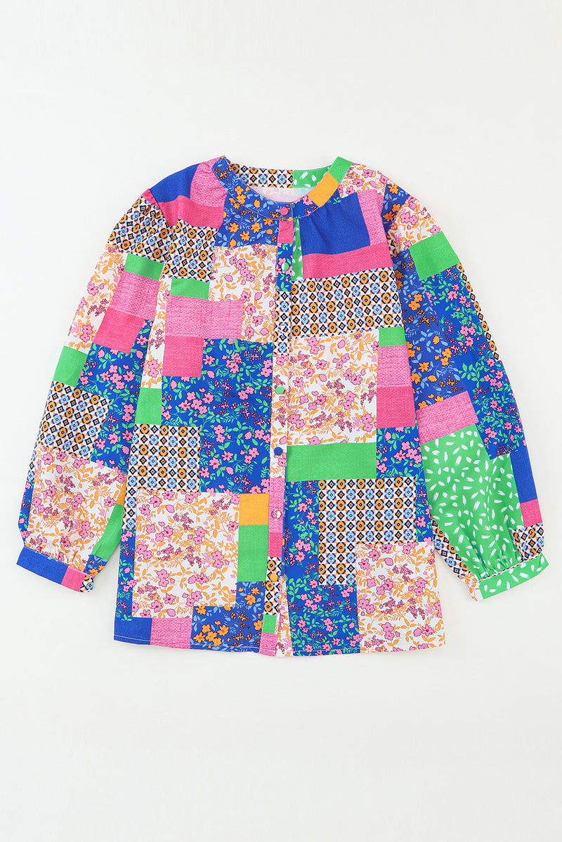 Multicolor Floral Patchwork Buttoned Puff Sleeve Shirt