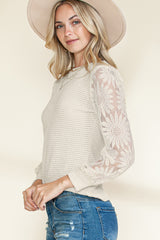 Beige Sunflower Mesh Long Sleeve Waffle Knit Top