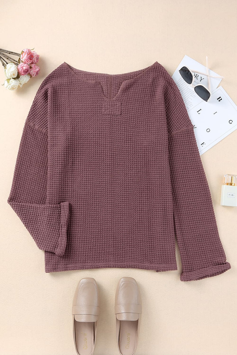 Purple Waffle Knit Split V Neck Drop Shoulder Long Sleeve Top