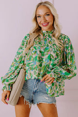 Green Abstract Print Puff Sleeve Frill Neck Shirred Blouse