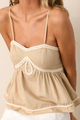 Parchment Braided Trim Smocked Back Spaghetti Cami Top