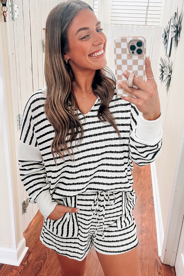 Black Stripe Textured V Neck Long Sleeve Top and Shorts Plus Size Set